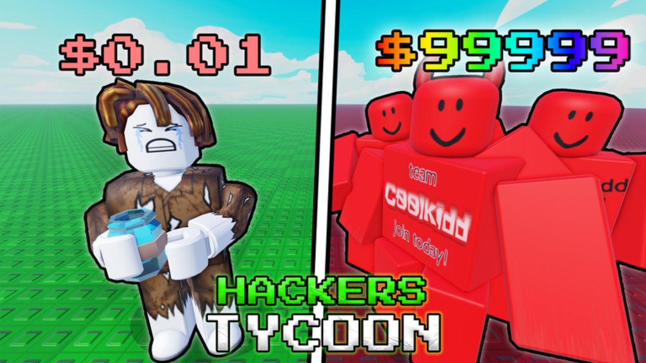 Hackers Tycoon Roblox art: a broke starter next to the red CoolKid crew